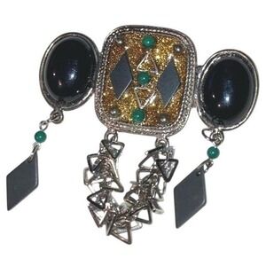 Statement Brooch Pin Southwestern Geometric Black Gem Dangle Chandelier